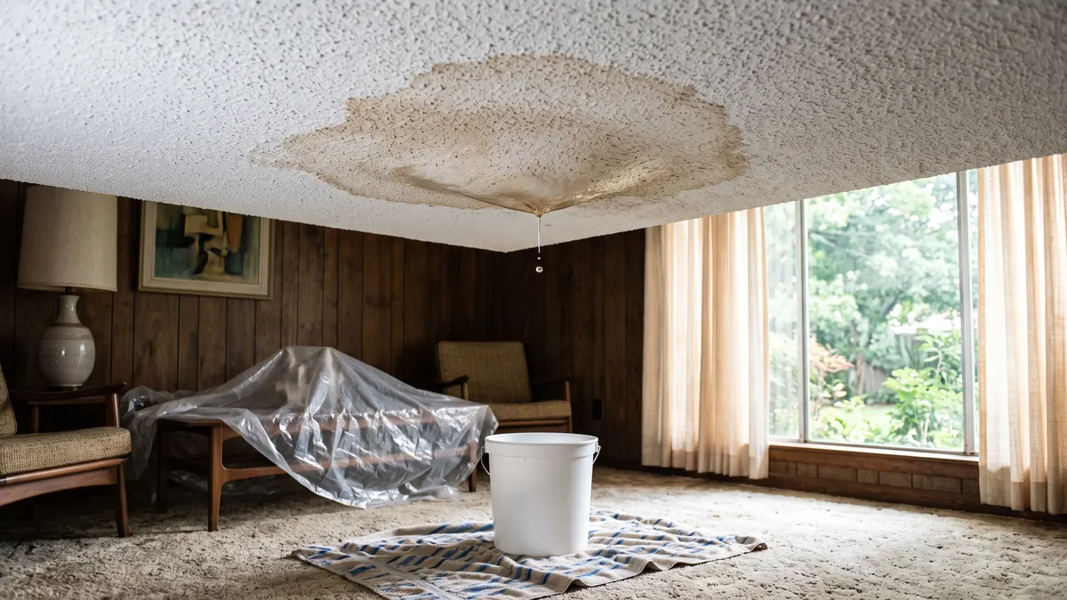 Tan water stain and shallow sag spreading across a popcorn ceiling above a bucket and plastic-covered furniture