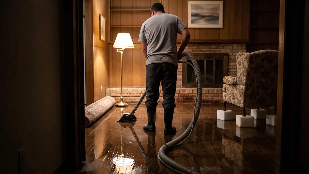 Technician seen from behind guiding an extraction wand across a flooded wood-paneled living room at night