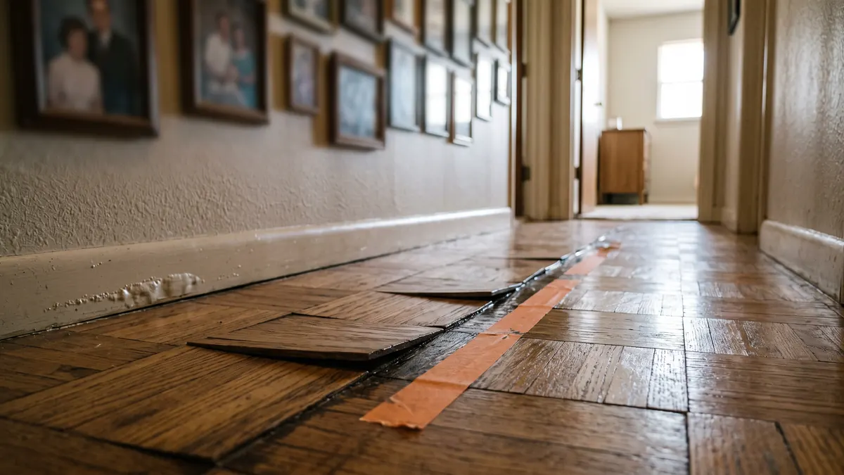 Cupped parquet tiles lifting along a damp seam in a ranch-house hallway, marked with painter's tape