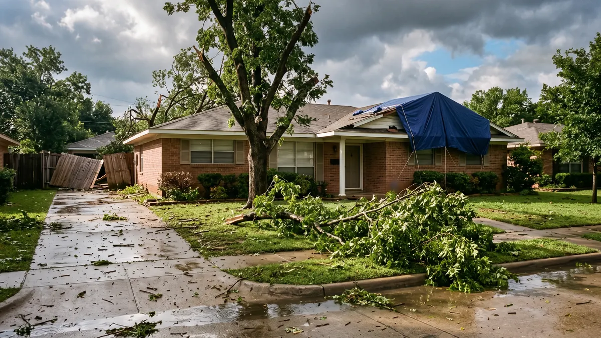 Blue tarp roped over the corner of a brick ranch roof with a broken tree limb across the wet lawn